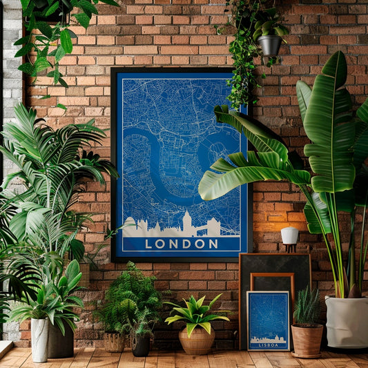 Minimalist London map artwork poster with blue background white map details by artist Anonymous featuring major landmarks, framed and displayed in home decor