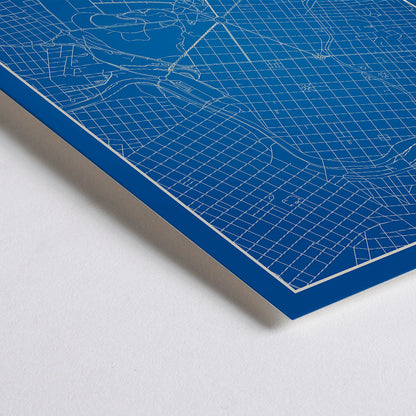 Closeup detail of Cordoba Minimalist Map artwork and poster with blue and white grid design and city skyline silhouette