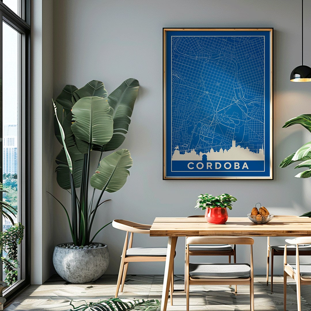 Cordoba Minimalist Map artwork and poster with blue and white grid design and city skyline silhouette, framed and displayed in home decor