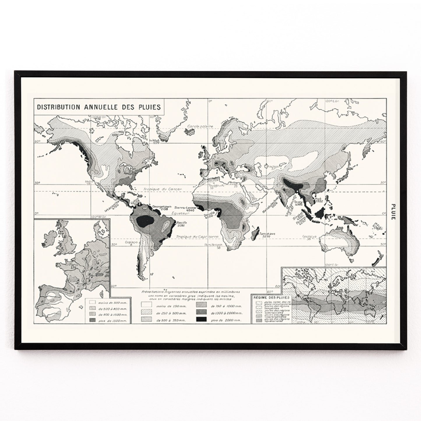 Closeup detail of Black and white world map poster illustrating annual rainfall distribution patterns wall art