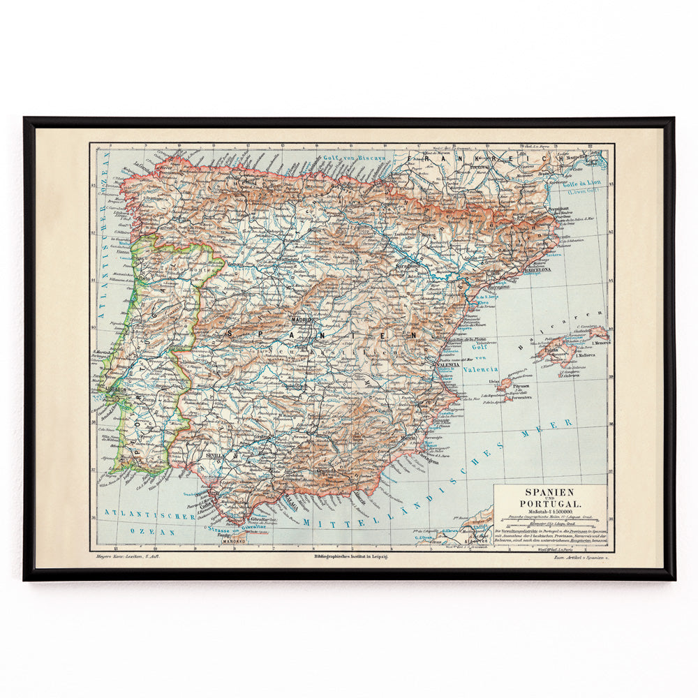 Closeup detail of Ancient vintage map of Spain and Portugal with detailed regions and borders by Bibliographic institute of Liepzig poster artwork