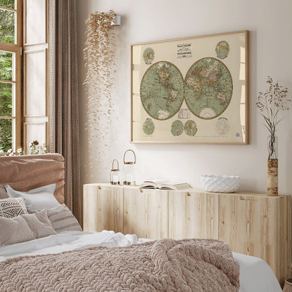 Vintage world map Mapamundi 2 by Paluzie Lucena Josep with detailed continents and country borders illustration poster, framed and displayed in home decor