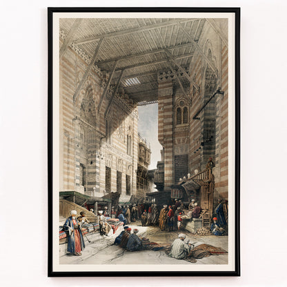 Closeup detail of Bustling silk bazaar scene in Cairo with merchants and textiles artwork Bazaar of the silk mercers by David Roberts