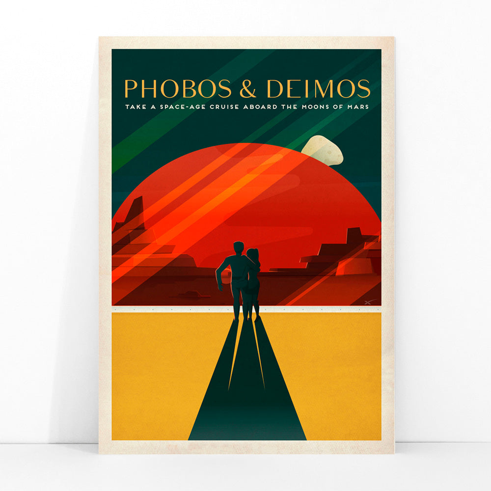 Couple walking toward red Mars landscape with moons Phobos and Deimos by SpaceX in retro style poster, framed and displayed in modern living room decor