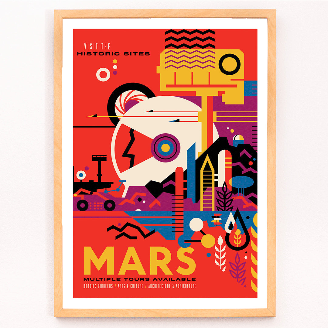 Colorful NASA Mars travel poster featuring abstract Mars landscape and rover artwork with text Mars Visit the historic sites by NASA, framed and displayed in modern living room decor