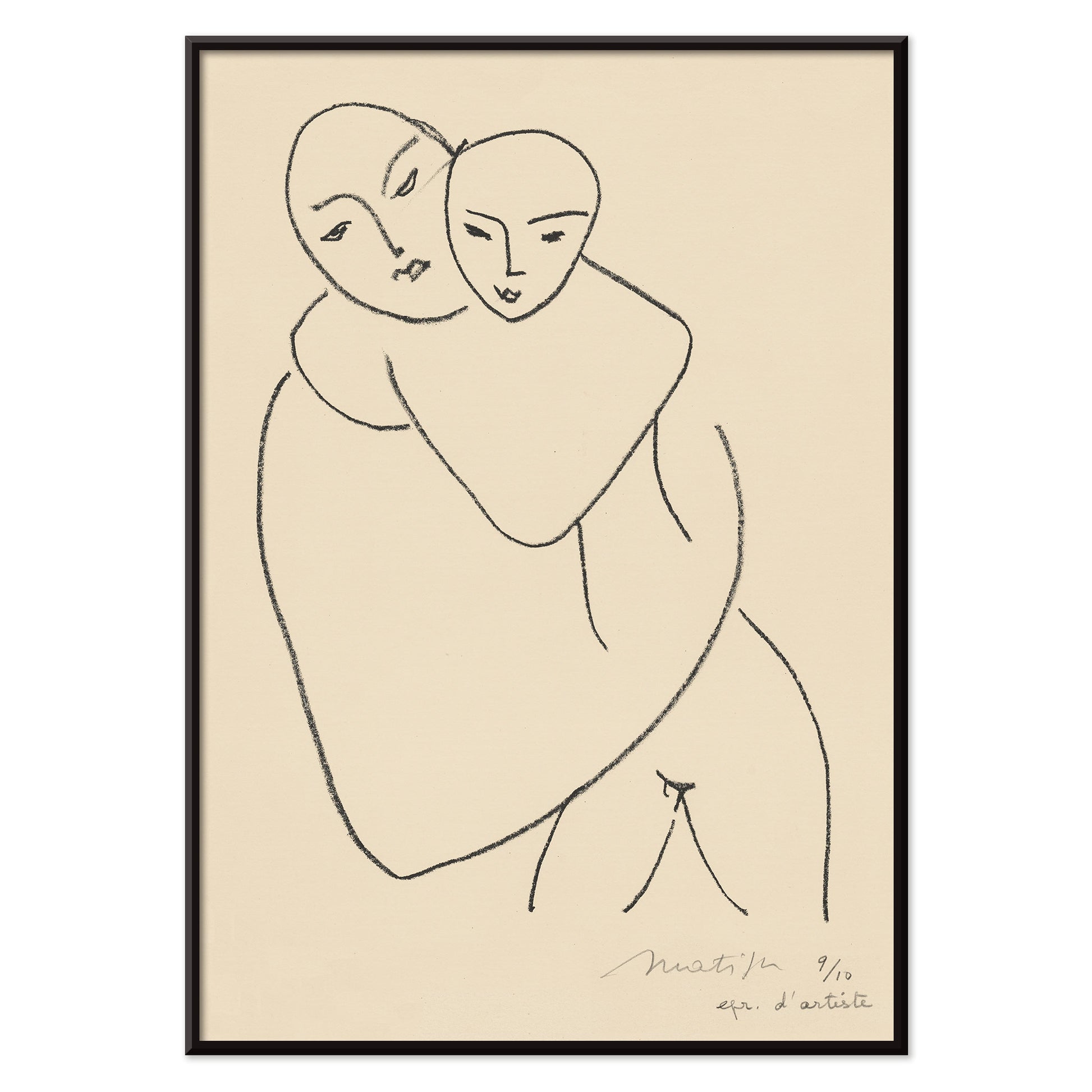 Henri Matisse Vierge et enfant poster minimalist mother and child line drawing in black on beige paper, with black aluminium frame on white background