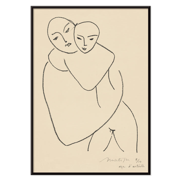 Henri Matisse Vierge et enfant poster minimalist mother and child line drawing in black on beige paper, with black aluminium frame on white background