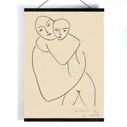 Henri Matisse Vierge et enfant poster minimalist mother and child line drawing in black on beige paper, with wooden magnetic frame on white background