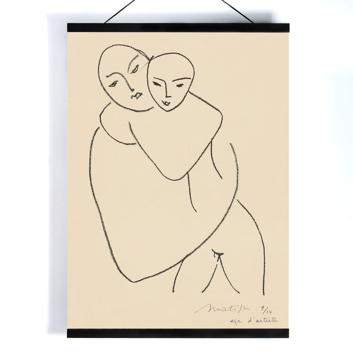 Henri Matisse Vierge et enfant poster minimalist mother and child line drawing in black on beige paper, with wooden magnetic frame on white background