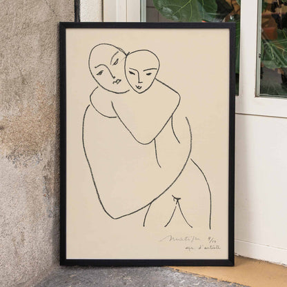 Henri Matisse Vierge et enfant poster minimalist mother and child line drawing in black on beige paper, framed and displayed in home decor