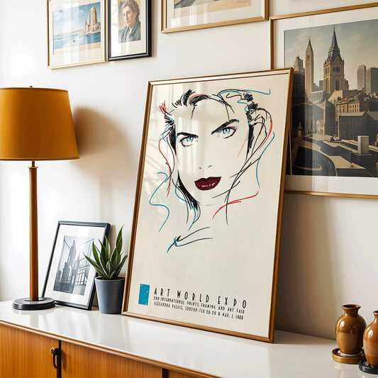 Metropolis Julie female portrait by Dennis Mukai colorful abstract lines bold lips poster at Art World Expo, framed and displayed in home decor