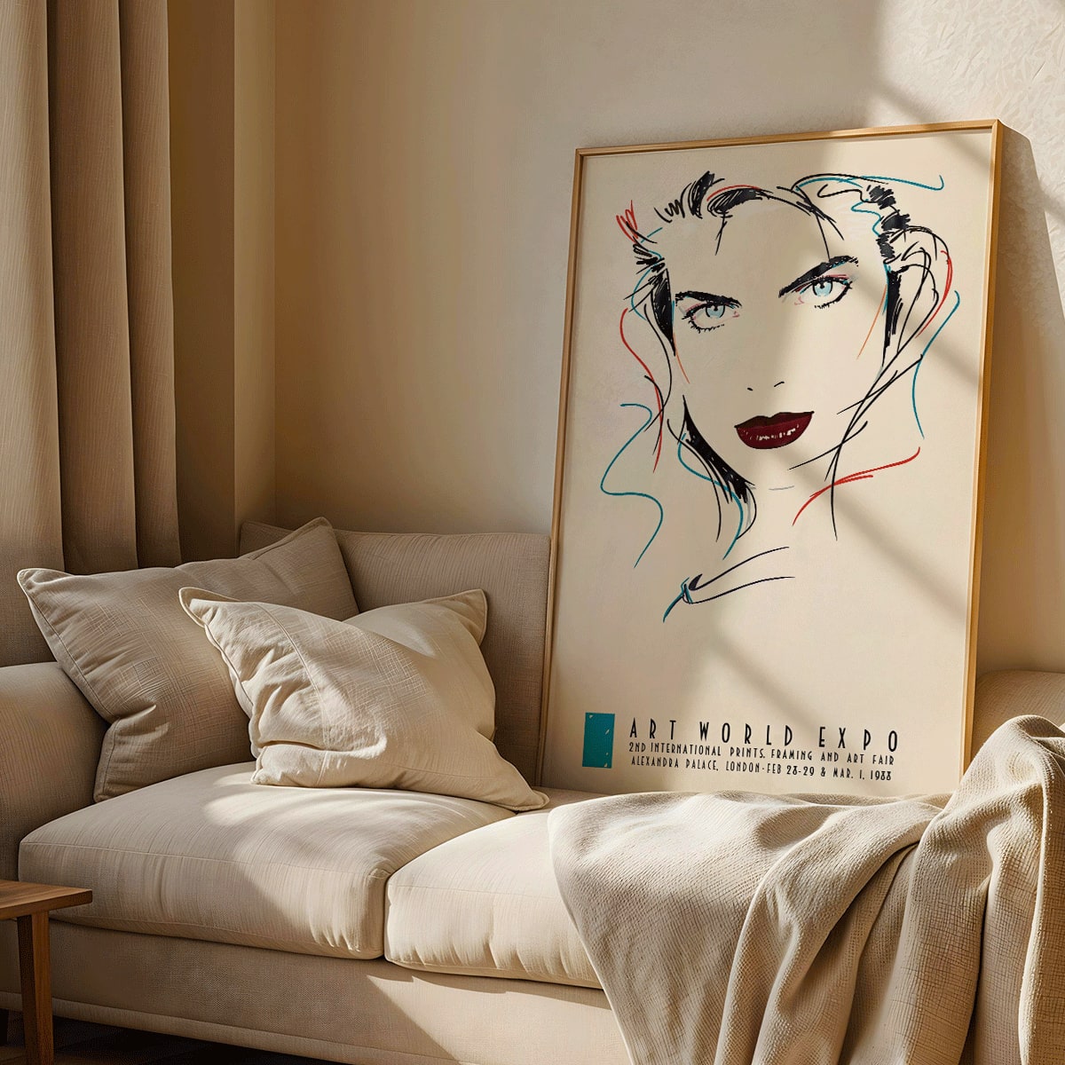 Metropolis Julie female portrait by Dennis Mukai colorful abstract lines bold lips poster at Art World Expo, framed and displayed in modern living room decor