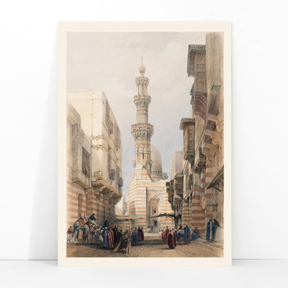 Bullack Cairo cityscape illustration by David Roberts featuring people in traditional clothing and historic architecture, framed and displayed in modern living room decor