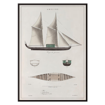 Amboine by J Tastu minimalist sailing ship poster with detailed hull and sail diagrams in soft beige tones, with black aluminium frame on white background