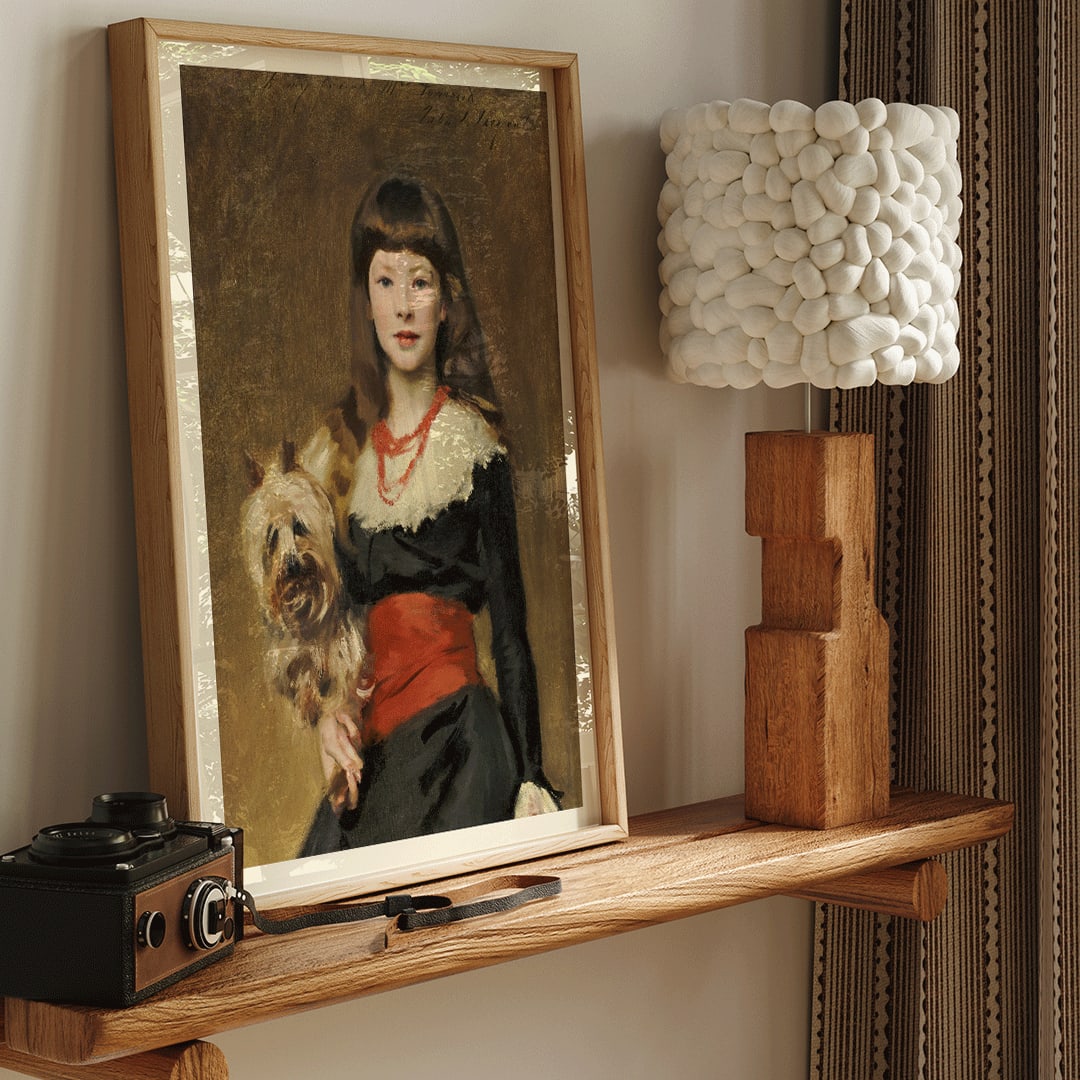 Miss Beatrice Townsend by John Singer Sargent young girl with a dog in elegant attire and red sash painting poster, framed and displayed in home decor