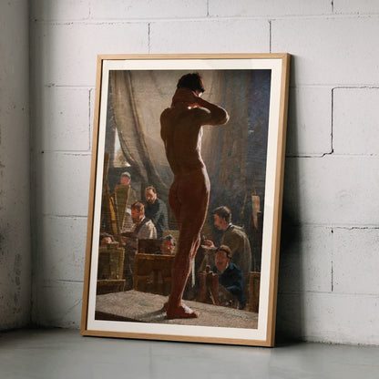 Model study in an art studio by Laurits Tuxen poster of a model posing with artists sketching in Bonnats studio, framed and displayed in modern living room decor