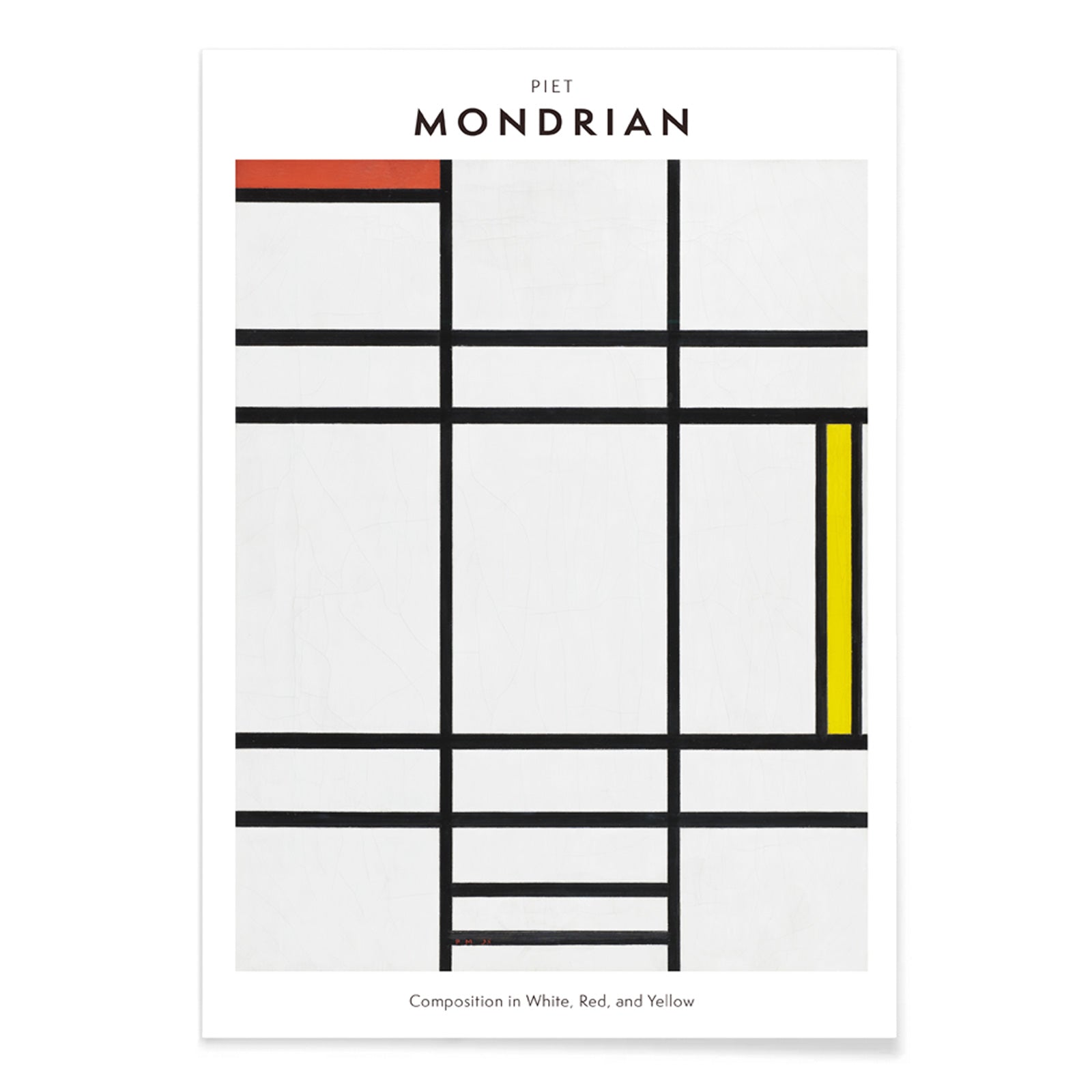 Abstract geometric painting by Piet Mondrian featuring bold black lines geometric shapes and blocks of white red and yellow in Composition in White Red and Yellow poster, with black aluminium frame on white background