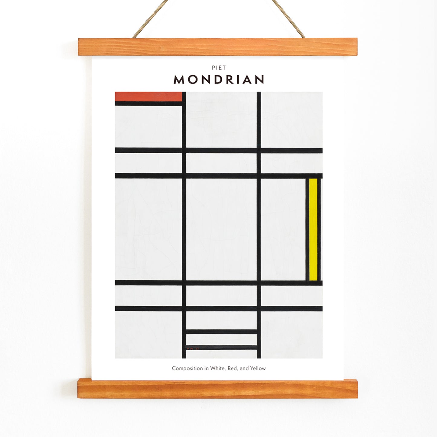 Abstract geometric painting by Piet Mondrian featuring bold black lines geometric shapes and blocks of white red and yellow in Composition in White Red and Yellow poster, with wooden magnetic frame on white background
