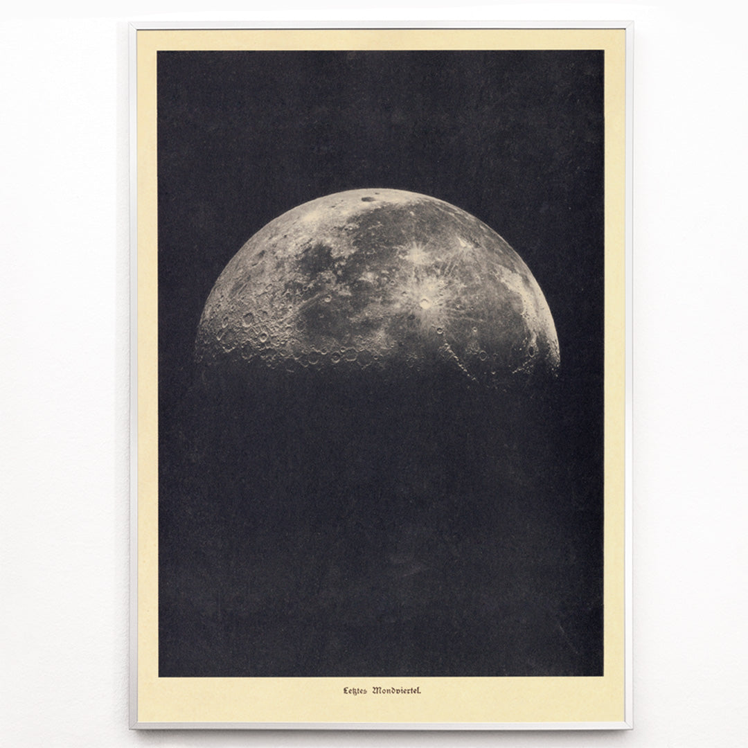 Closeup detail of Black and white lunar surface artwork and detailed moon illustration poster by Institute of Liepzig wall art for home decor