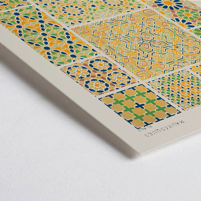 Closeup detail of Moresque 5 vintage pattern by Owen Jones with colorful geometric tile designs from Grammar of Ornament book