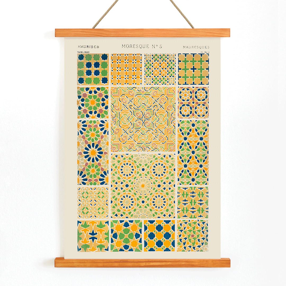 Moresque 5 vintage pattern by Owen Jones with colorful geometric tile designs from Grammar of Ornament book, with wooden magnetic frame on white background