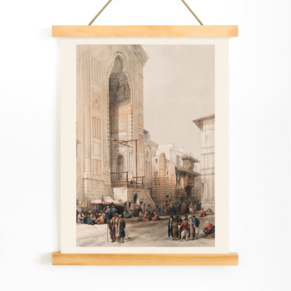 People gathered outside the grand entrance to the Mosque of the Sultan Hassan artwork and poster by David Roberts, with wooden magnetic frame on white background