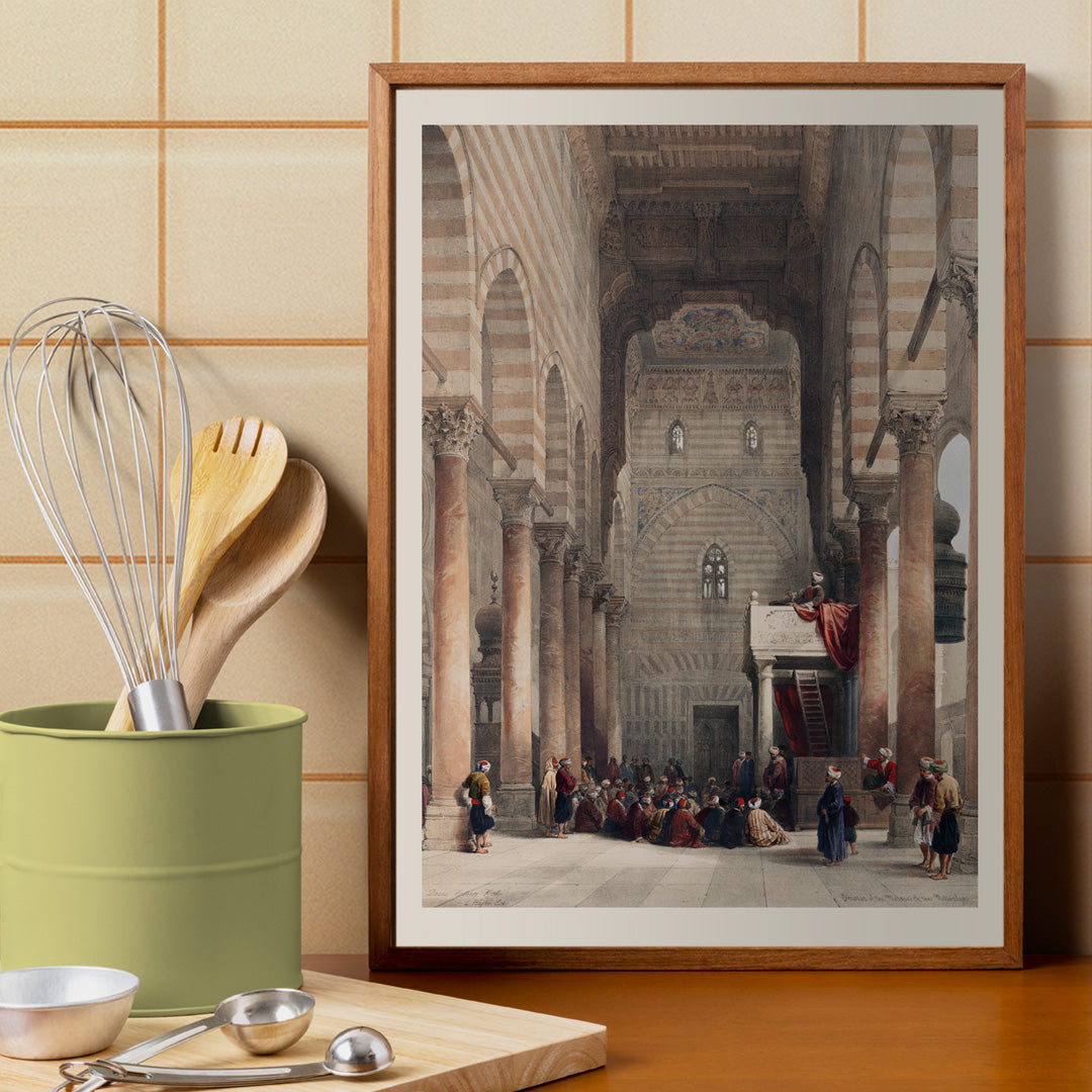 Interior of the mosque of the Metwalys by David Roberts with architectural details and people gathered inside grand hall poster, framed and displayed in home decor