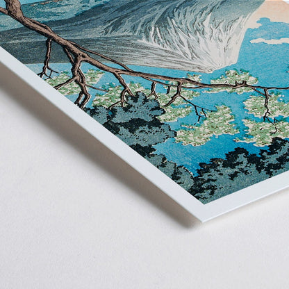 Closeup detail of Mount Fuji from Lake Yamanaka by Hiroaki Takahashi with sailboats blue water and a tree in the foreground Japanese artwork poster