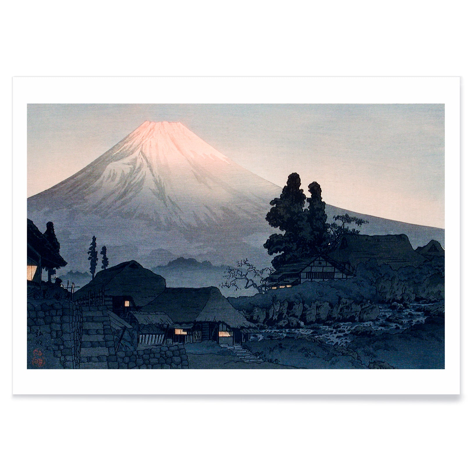 Mount Fuji From Mizukubo by Hiroaki Takahashi traditional Japanese village and houses at dusk artwork, with black aluminium frame on white background