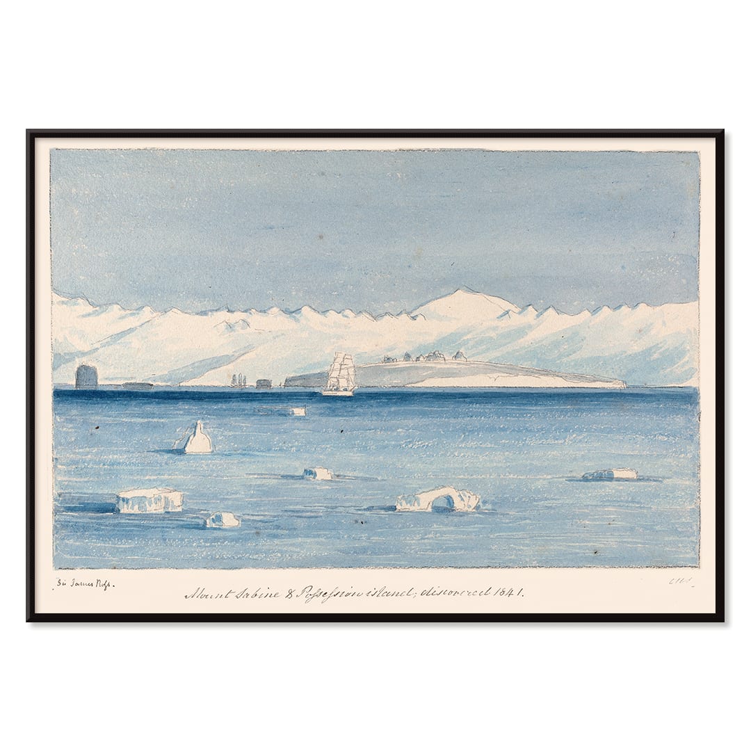 Mount Sabine and Possessions Island painting and poster by Charles Hamilton Smith showing icy waters a ship and distant mountains, with black aluminium frame on white background