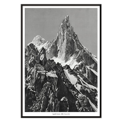 Jagged mountain peak with snow and glaciers by Vittorio Sell Aiguille calcaire Baltoro and Godwin Austen poster photography, with black aluminium frame on white background