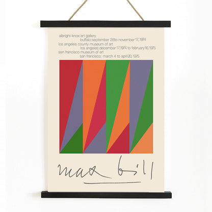 Colorful geometric design and shapes by Max Bill on serigraph silkscreen exhibition poster titled Serigraph Silkscreen with signature in black frame, with wooden magnetic frame on white background