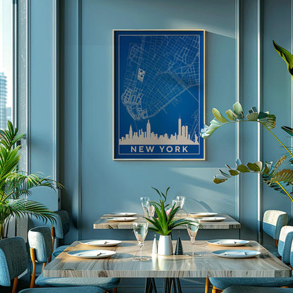 New York Minimalist Map poster by artist New York featuring a blue and white outline of New York City streets above a city skyline silhouette, framed and displayed in home decor