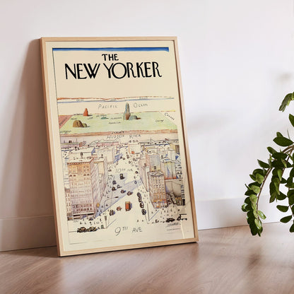 The New Yorker poster by Saul Steinberg featuring a whimsical stylized cityscape and landscape with 9th and 10th Avenue, framed and displayed in modern living room decor
