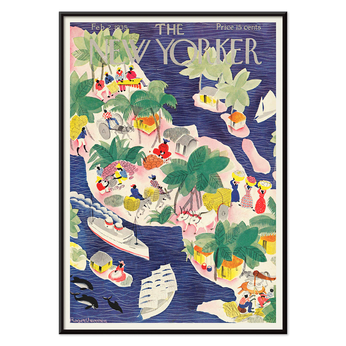 Colorful tropical island scene with people huts boats and palm trees in watercolor style illustration by Roger Duvoisin for The New Yorker, with black aluminium frame on white background