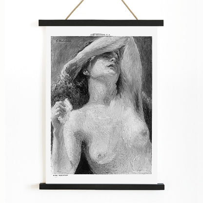 Nude Study by Gari Melchers painting of a nude woman with arm raised covering part of face detailed brushstroke style poster, with wooden magnetic frame on white background