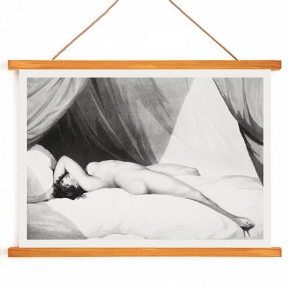 Nude woman reclining on curtained bed in artwork and poster Nude Reclining on Curtained Bed by William Holland with draped curtains in background, with wooden magnetic frame on white background
