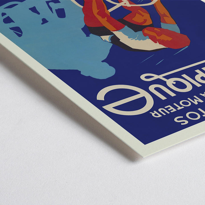Closeup detail of Affiches Gaillard Cycles olympique poster featuring a racing cyclist, bold lettering, blue background, and Olympic rings in vintage style