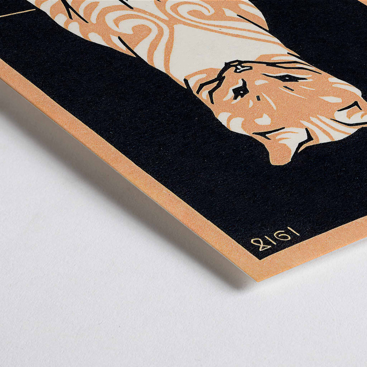 Closeup detail of Julie de Graag Orange Seated Cat poster with striped tabby, pale chest and curled tail on black background