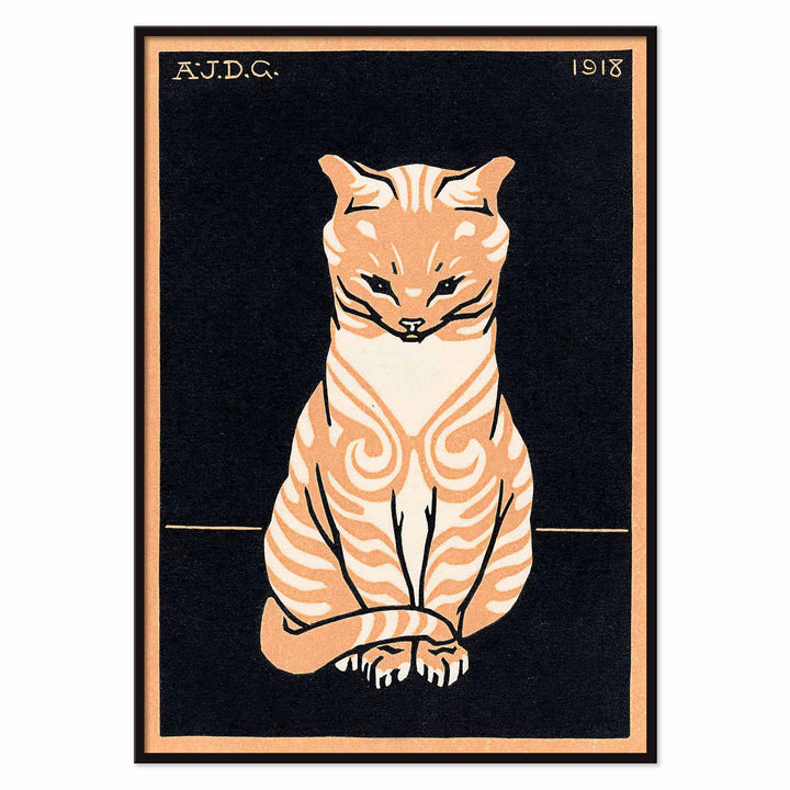 Julie de Graag Orange Seated Cat poster with striped tabby, pale chest and curled tail on black background, with black aluminium frame on white background