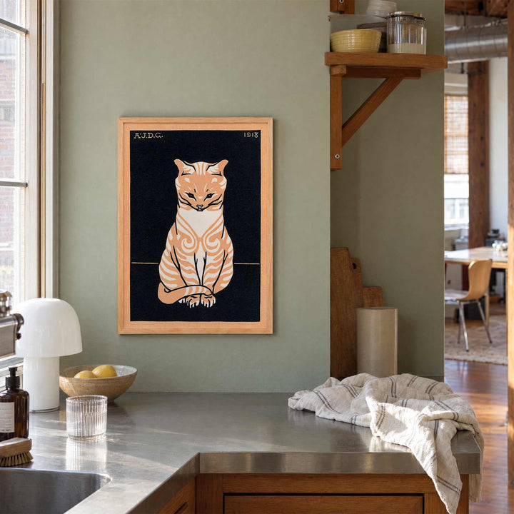 Julie de Graag Orange Seated Cat poster with striped tabby, pale chest and curled tail on black background, with wooden magnetic frame on white background