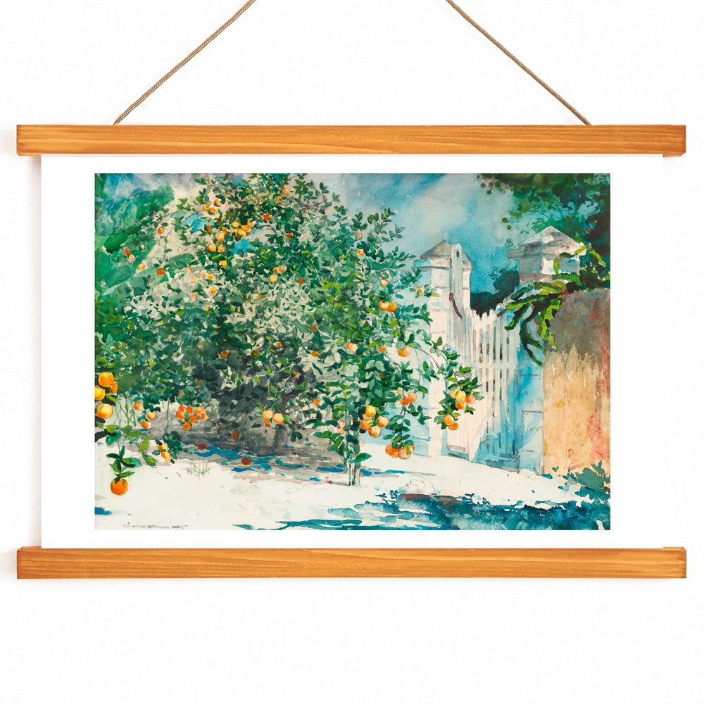Orange Trees And Gate by Winslow Homer watercolor painting poster featuring lush orange trees and a white picket gate in a sunny garden scene, with wooden magnetic frame on white background