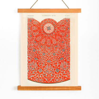 Intricate red and white Turkish ornamental pattern artwork poster by Owen Jones titled Grammar of Ornament featuring detailed geometric designs, with wooden magnetic frame on white background