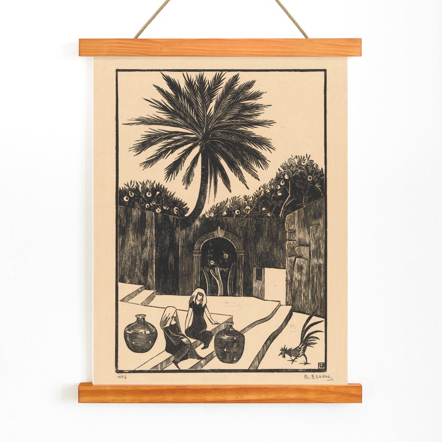 Street with steps in Taormina Sicily featuring palm tree two women with jugs and figures outdoor scene artwork by Bernard Essers, with wooden magnetic frame on white background