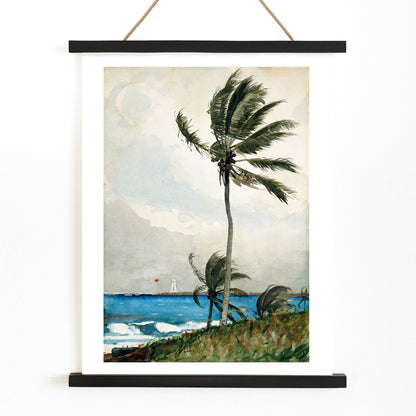 Windy tropical beach with palm trees and ocean by Winslow Homer featuring Palm Tree Nassau and lighthouse in the background, with wooden magnetic frame on white background