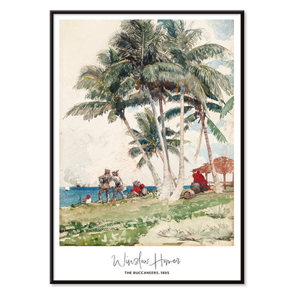 The Buccaneers by Winslow Homer poster featuring pirates under palm trees on a tropical beach with a ship in the background, with black aluminium frame on white background