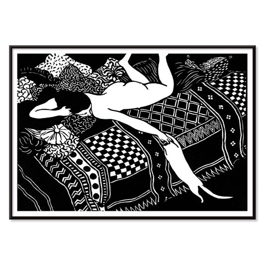 La Paresse by Felix Emile-Jean Vallotton painting of a woman reclining on a patterned bed with a cat stretching beside her art poster, with black aluminium frame on white background