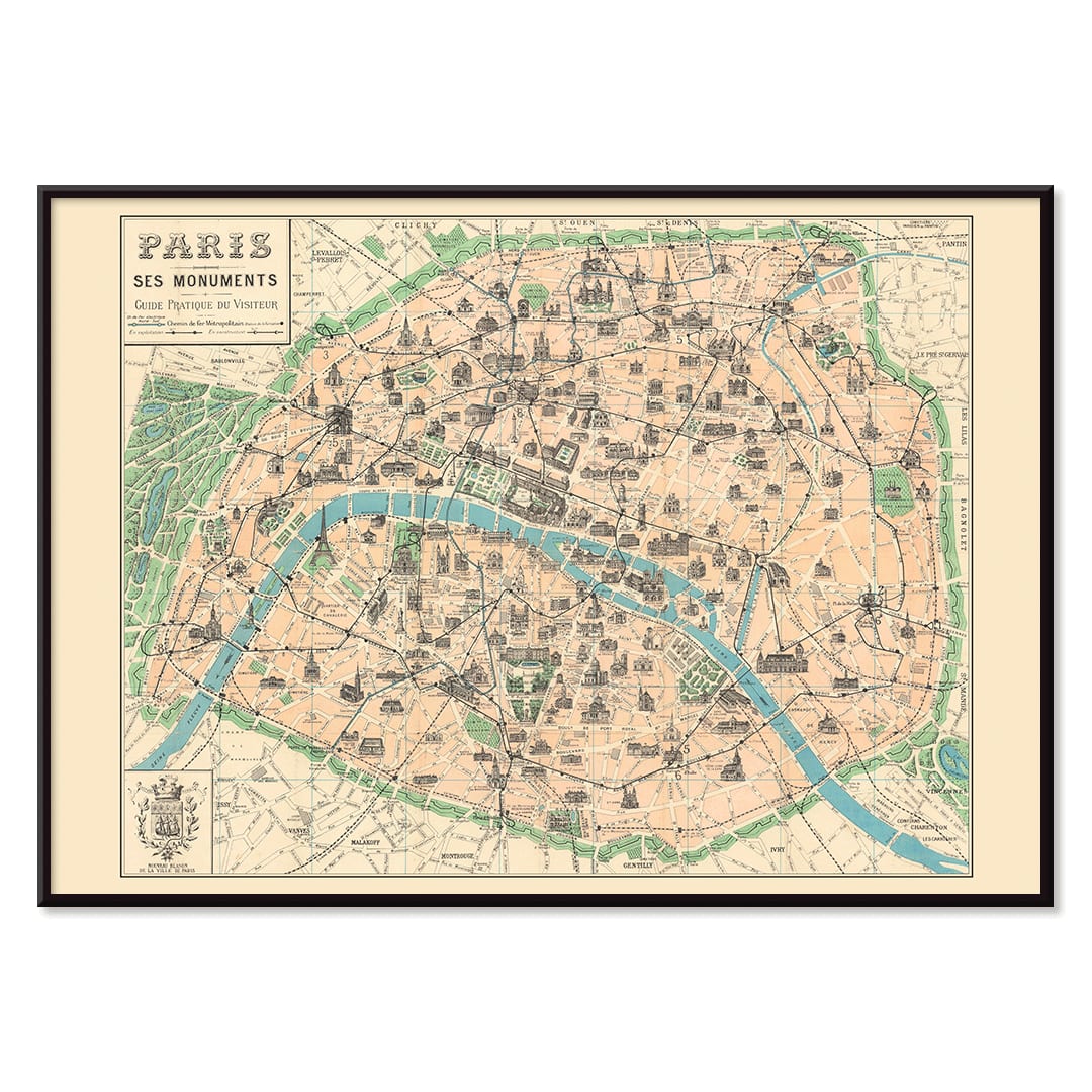 Vintage map of Paris showing monuments from Paris Ses Monuments Guide Pratique Du Visiteur by Borremans F poster, with black aluminium frame on white background