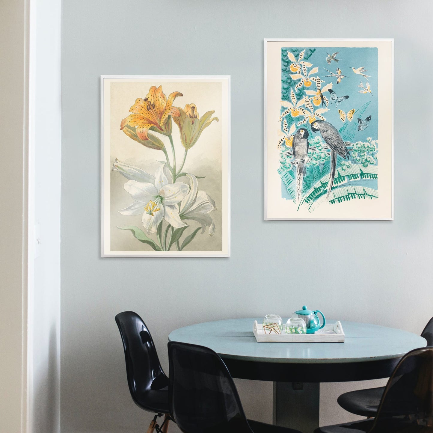 Colorful parrots butterflies and birds in a lush tropical garden illustration from Douze contes de Paris et de Provence by Paul Arène, framed and displayed in home decor