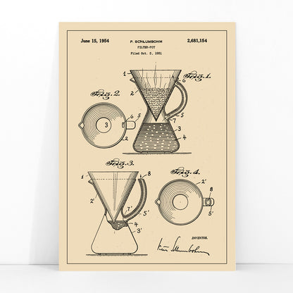 Vintage technical drawing and poster of coffee filter pot patent by P Schlumbohm with schematic and design details, framed and displayed in modern living room decor